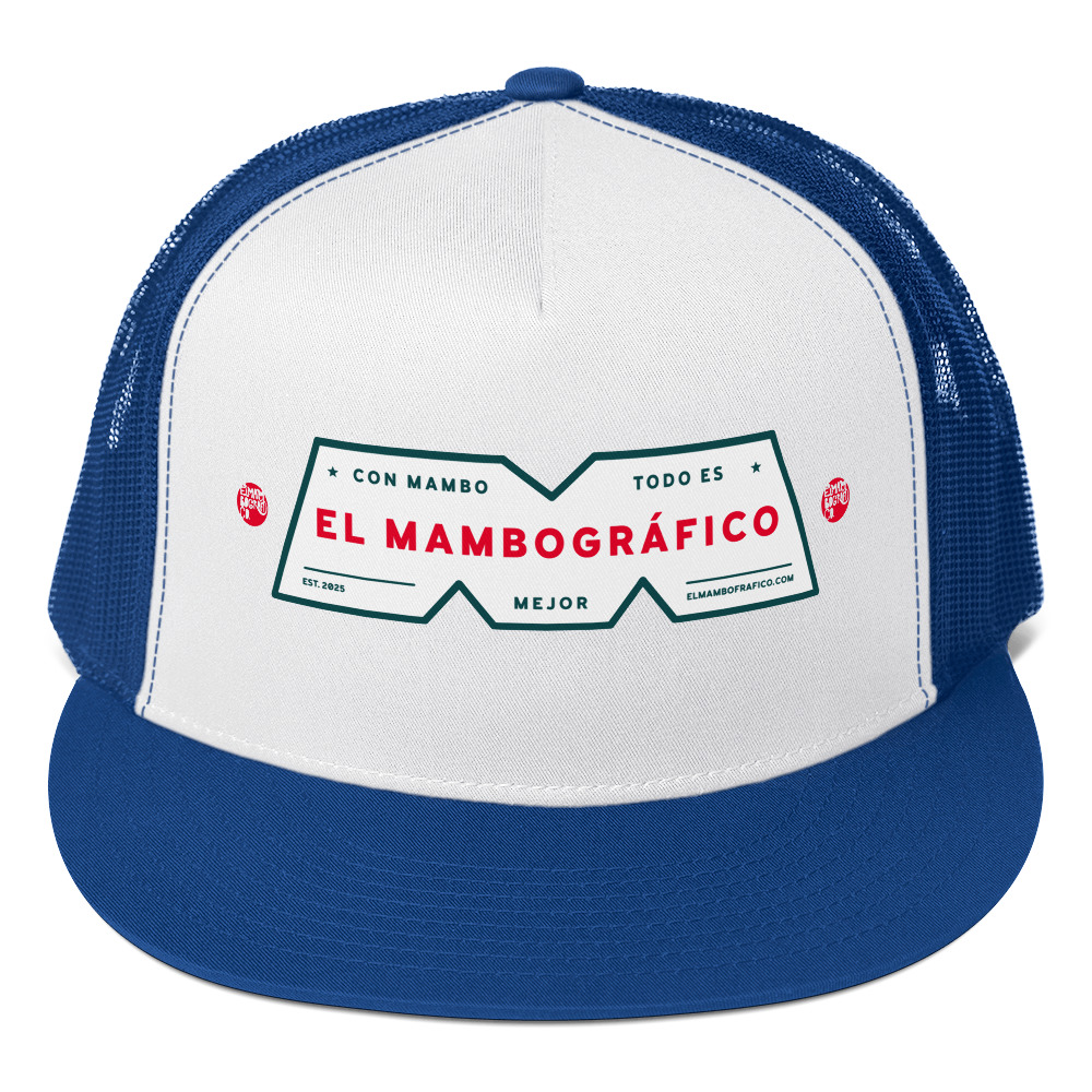Gorra DTF tipo trucker - Snapback 5 paneles - Colores azul, blanco y azul - MdeMambo - Vista frontal