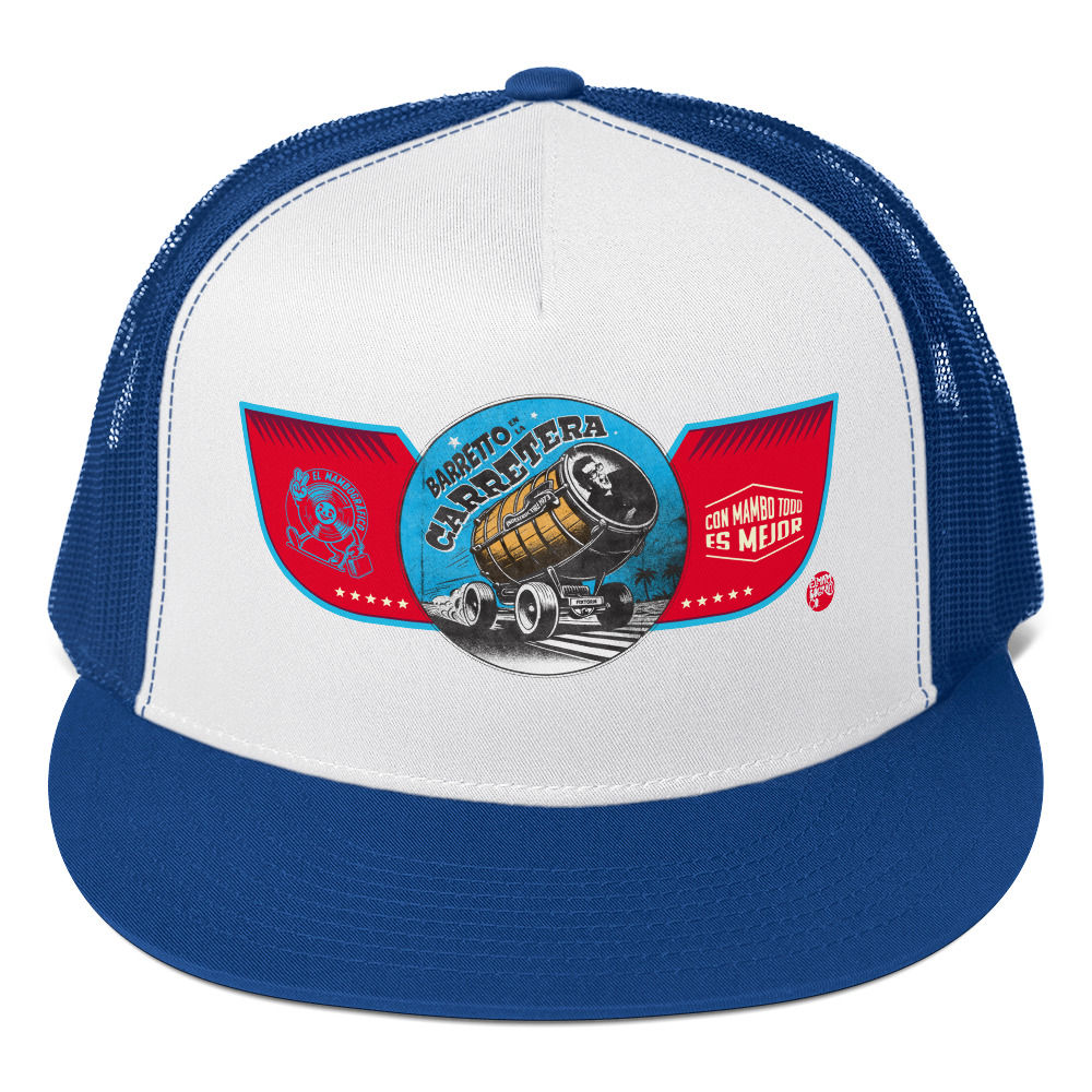 Gorra DTF tipo trucker - Snapback 5 paneles - Colores blanco y azul - Indestructible - Vista frontal