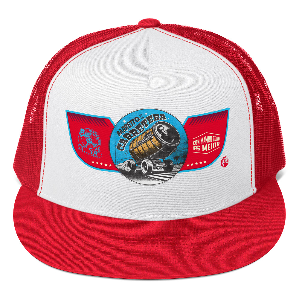 Gorra DTF tipo trucker - Snapback 5 paneles - Colores blanco y rojo - Indestructible - Vista frontal
